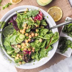 Avocado Chickpea Salad with vegan pesto makes for the perfect lunch recipe that is ready in minutes. Super simple 5 ingredient recipe packed full of flavor and protein. Lunch or grill day appetizers don't get easier than this!
