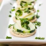 Cracker bites with dip, cucucmbers and cheese