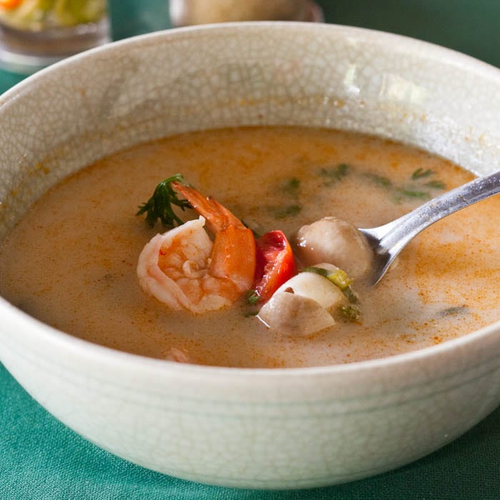 Thai coconut shrimp soup in a bowl