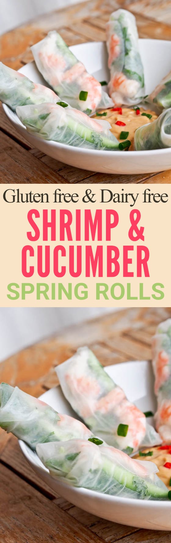 Shrimp and cucumber fresh spring rolls are going to be your favorite summer appetizer or light meal! Skip the fried rolls and make these fresh spring rolls instead. Served with a creamy peanut dipping sauce. Gluten free and dairy free too.