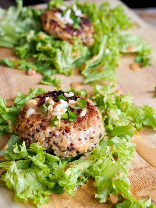 Ground Pork Burgers with Quinoa served in lettuce wraps
