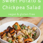bowl of sweet potato chickpea salad with fork