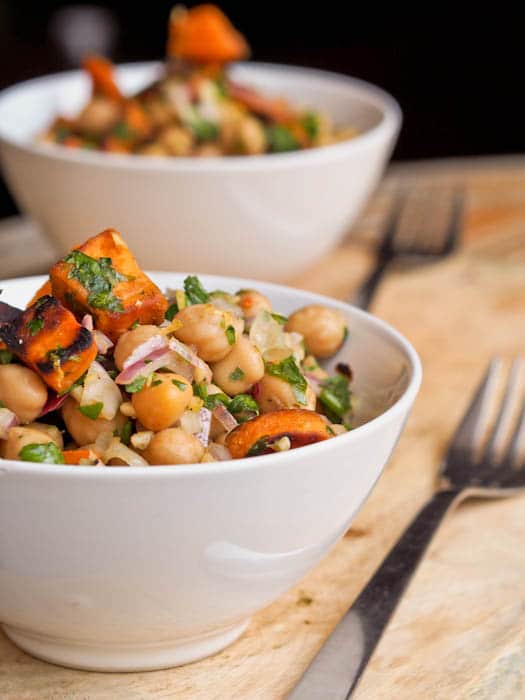 Sweet Potato Chickpea Salad with red onions and parsley