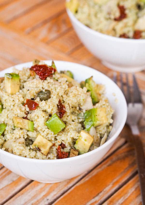 15 Minute Vegan Couscous with Sun-Dried Tomatoes, Avocados, and Artichokes