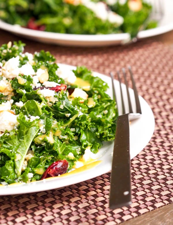 Massaged Kale Salad with quinoa, cranberries, feta and macadamia nuts