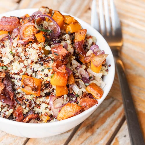 Bacon quinoa with sweet potatoes and shallots