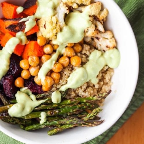 Vegan Quinoa Bowl with Roasted Veggies and Avocado Sauce {GF}
