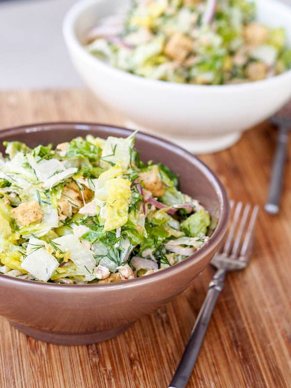 Chicken Romaine Salad with Croutons and Dill