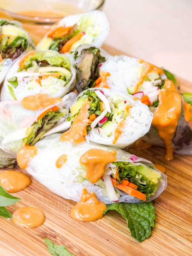 Vegan Spring Rolls drizzled with peanut sauce