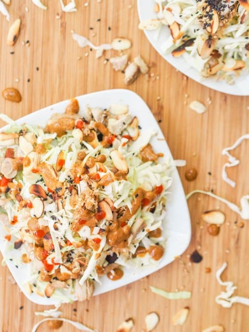 Shredded Cabbage Chicken Salad with Tahini Dressing