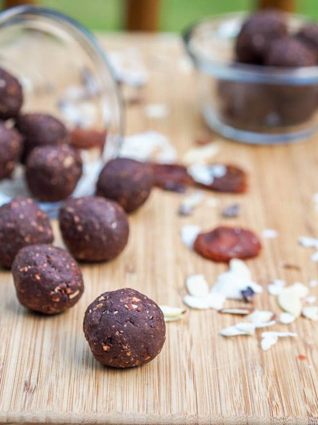 Coconut Almonds Balls with chocolate and dried peaches