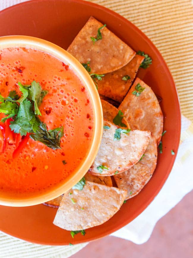 No Cook Vegan Low FODMAP Tomato Soup with home made tortilla chips