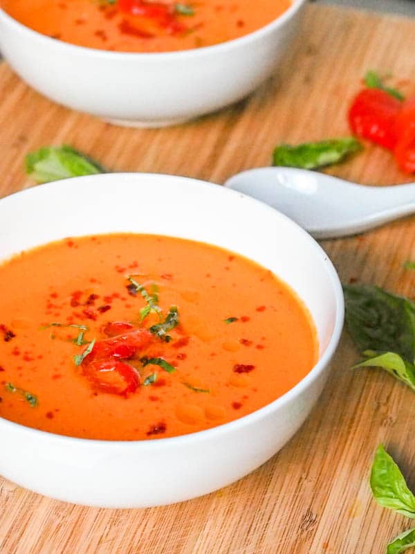 Vegan Roasted Red Pepper Soup ready to eat!