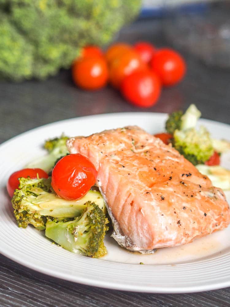 Oven Poached Salmon with Cherry Tomatoes and Broccoli