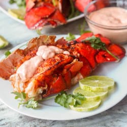 Paprika Broiled Lobster Tails with Sriracha Aioli makes for a delicious and elegant seafood feast. Only a handful of ingredients and ready in 30 minutes. Easier to make than you think! Both gluten free and dairy free too. |avocadopesto.com
