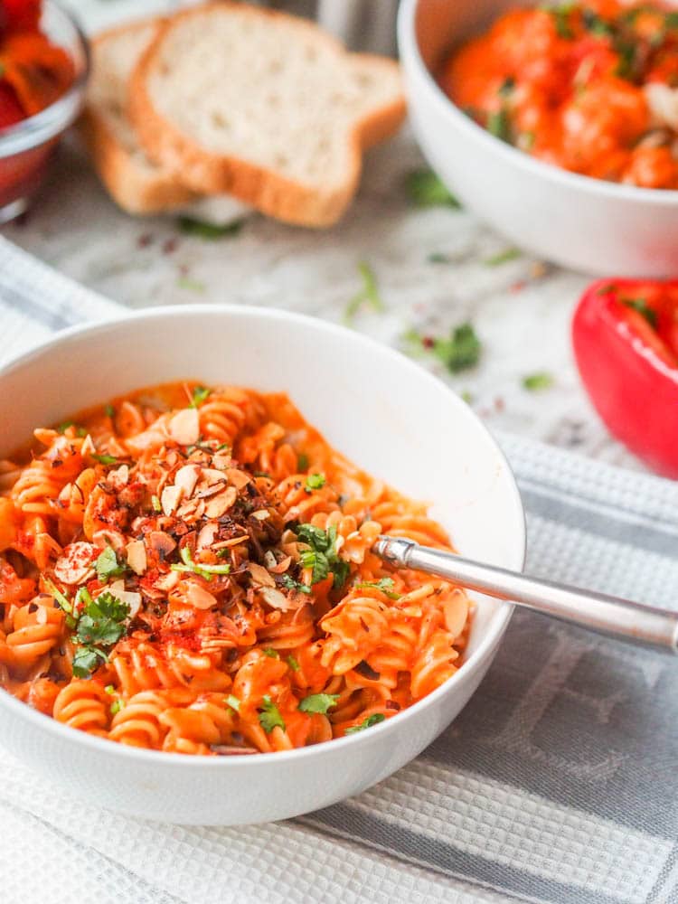 Skip the tomato sauce and make vegan roasted red pepper pasta instead. A whole depth of flavor and made to be super creamy with the addition of coconut milk. GF.