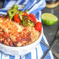 Panko almond crusted fish with quinoa, veggies and a tahini mustard sauce makes for a jam packed weeknight dinner meal. Lots going with with tons of contrasting flavors that all blend perfectly together. Gluten Free + Dairy Free. | avocadopesto.com