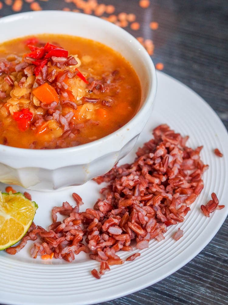 Vegan and Gluten-Free Thai inspired 30 minute lentil rice soup 