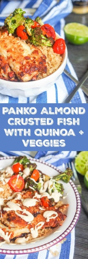 Panko Crusted Fish with Almonds, Quinoa, Veggies and Tahini Mustard ...