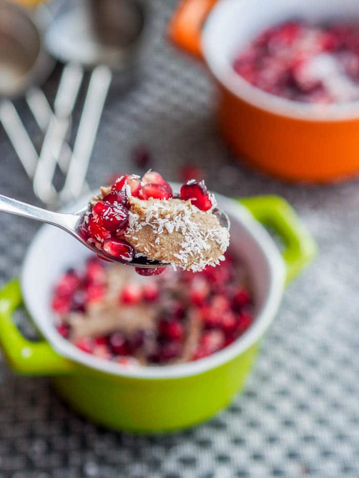 A spoonful of vegan pomegranate and coconut chia pudding. 