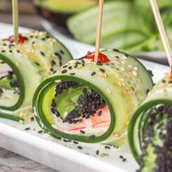 The ultimate low carb, healthy and refreshing summer appetizer or light meal: Asian cucumber rolls with shrimp, avocado and wasabi aioli. Gluten Free + Dairy Free. | avocadopesto.com