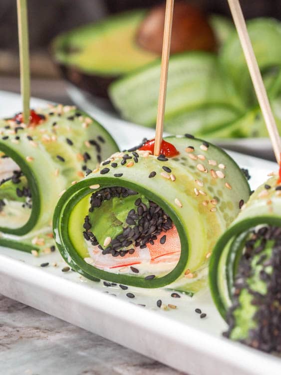 avocado cucumber roll with shrimp and wasabi aioli