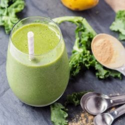 Super simple 5 minute kale smoothie with added vitamins and nutrients from the Peruvian superfood maca, banana, and pear. This breakfast smoothie is packed full of fiber, vitamins A and C.
