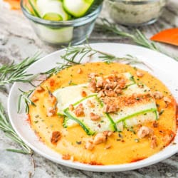 Your favorite fall pumpkin rosemary flavors topped with a vegan ricotta stuffed zucchini ravioli and sprinkled with toasted walnuts. Dinner doesn't get better than this. Low Carb + Gluten Free too. | avocadopesto.com