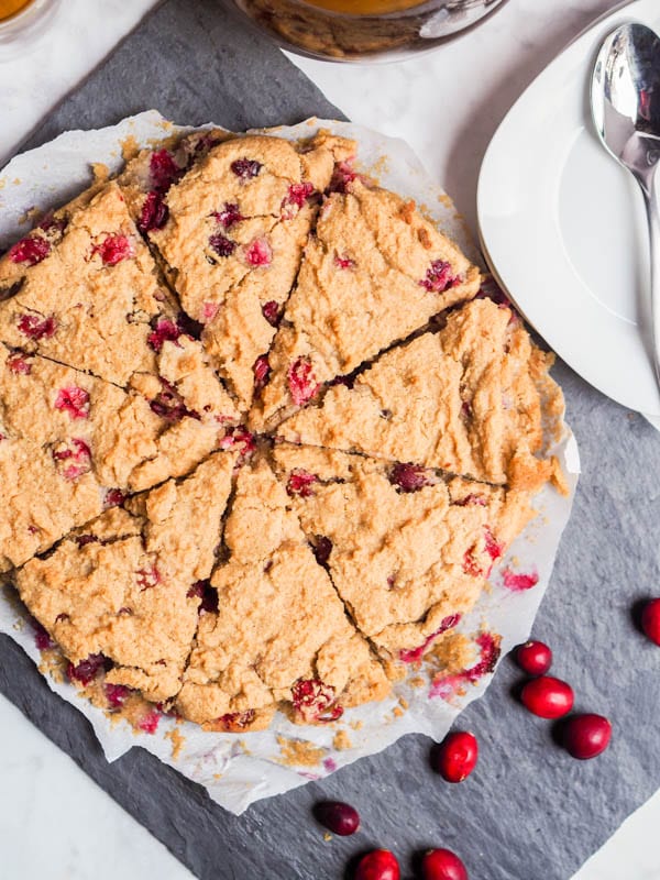 Gluten Free and Vegan Almond Cake with Cranberries cut into 8 slices