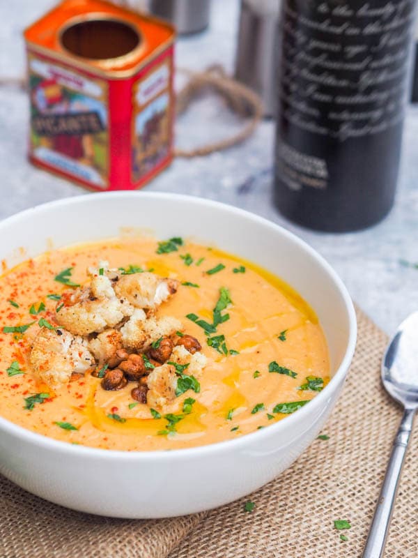 Roasted Cauliflower Soup with Garlic in a large bowl 