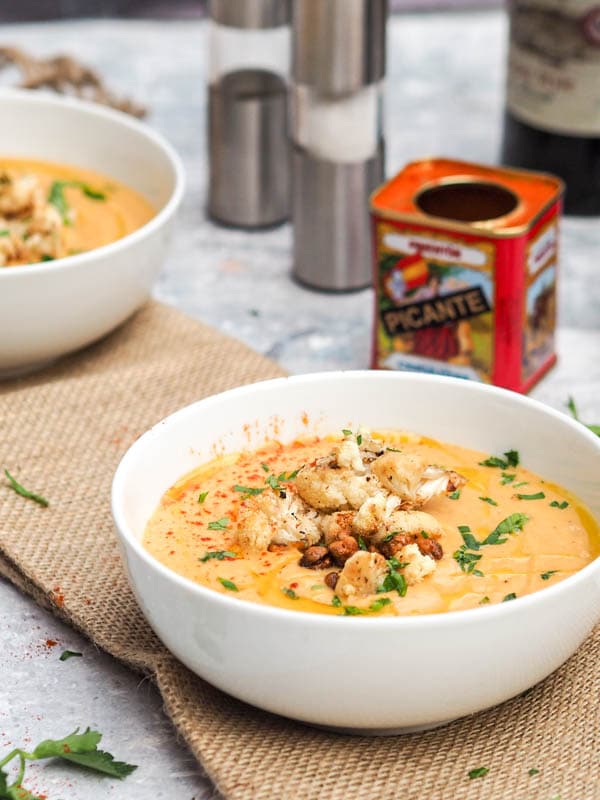 Roasted Cauliflower Soup with Garlic sprinkled with smoked paprika 