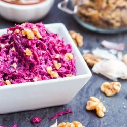 A classic Russian four ingredient beet salad made with garlic, walnuts and vegan mayo. A perfect wintery side dish.