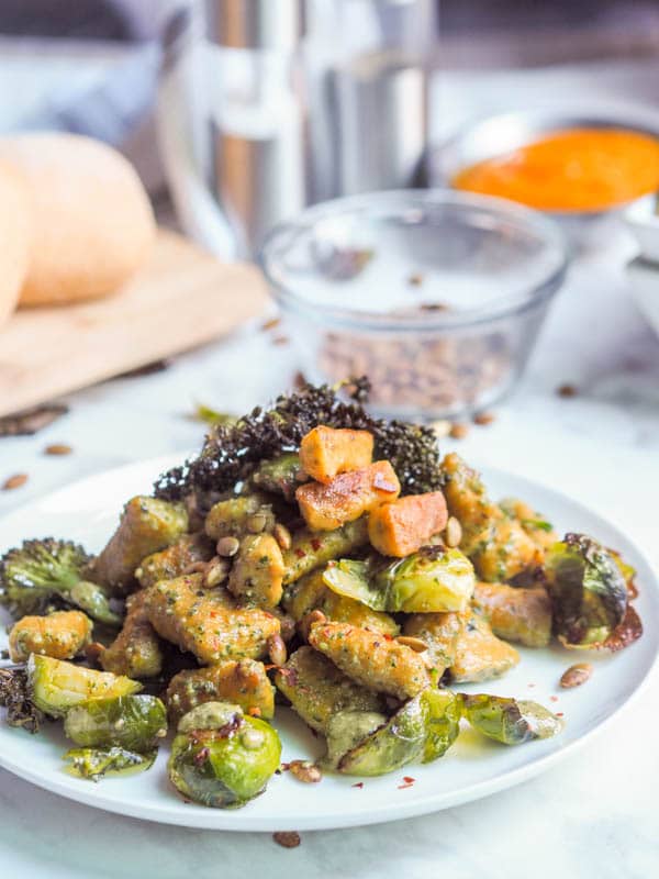 Gluten Free Gnocchi with Pumpkin, Pesto and Oven Roasted Broccoli and Brussel Sprouts