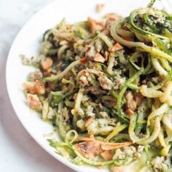 Whole30, paleo, gluten-free, dairy-free and low carb zucchini noodle pasta with pesto and chicken makes for the perfect healthy weeknight dinner. Ready in 30 minutes.