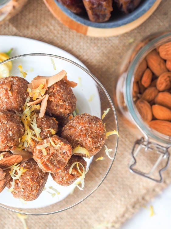 bowl of coconut almond date energy balls 