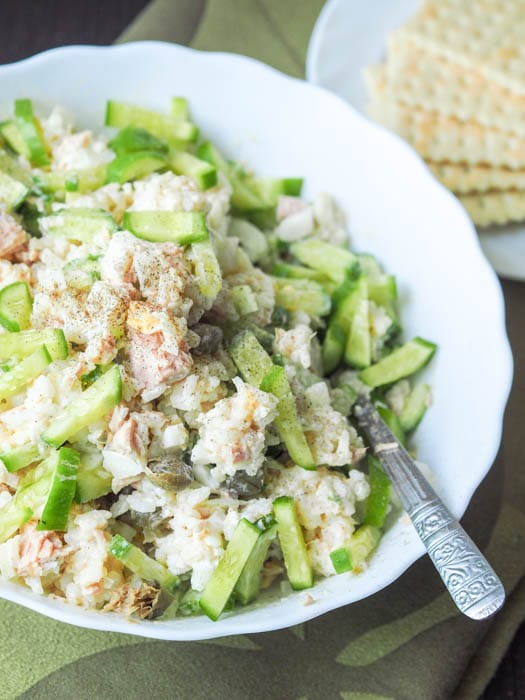 tuna salad recipe with egg, rice, capers, cucumbers and mayo. 