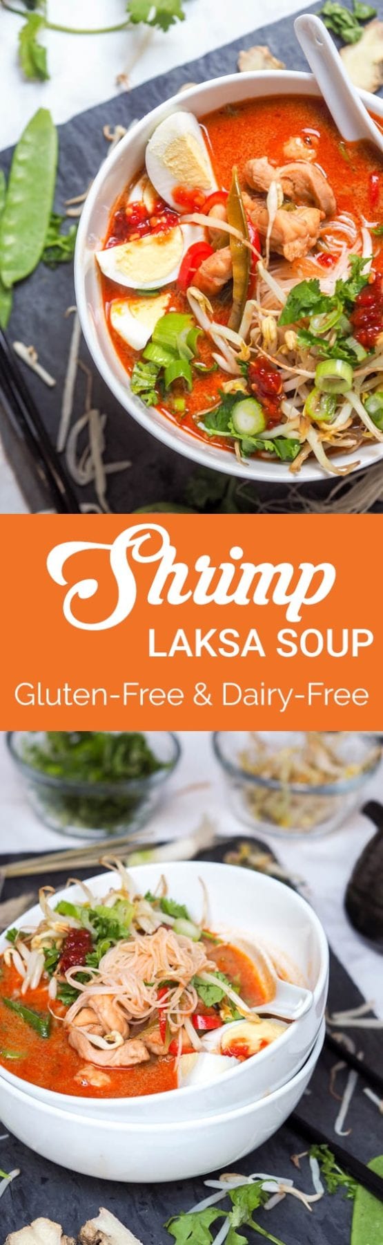 Shrimp and Chicken Laksa soup- A Malaysian style soup with a creamy coconut milk base and incredible depth of flavors thanks to ginger, fish sauce, lemongrass and other spices. A true favorite. Gluten-Free and Dairy-Free too.
