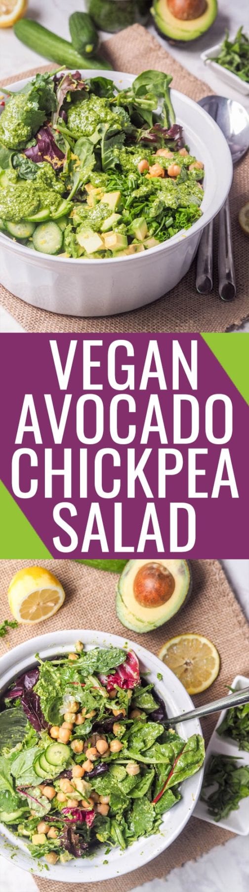 Avocado Chickpea Salad with vegan pesto makes for the perfect lunch recipe that is ready in minutes. Super simple 5 ingredient recipe packed full of flavor and protein. Lunch or grill day appetizers don't get easier than this! 