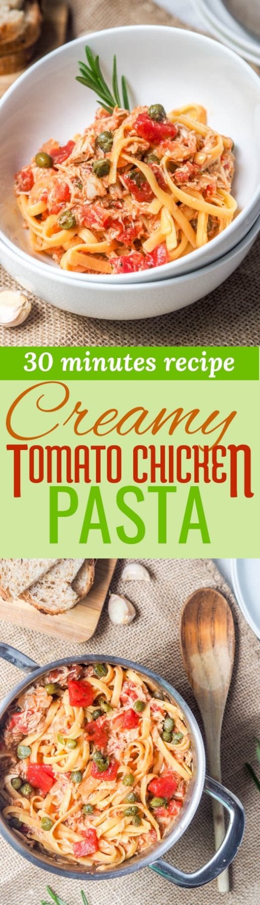 Creamy tomato chicken pasta - this 30 minute recipe makes for a perfect low fuss weeknight meal. Made with shredded rotisserie chicken, capers and a creamy tomato sauce. Gluten-free and dairy-free too. 