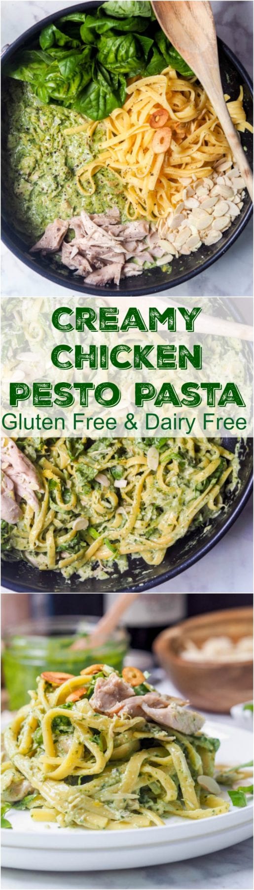 Pesto chicken pasta makes for the perfect quick 30 minute weeknight dinner. Dairy Free recipe with a creamy coconut milk based sauce plus extra flavors of toasted almonds, fried garlic chips and fresh herbs. Gluten-Free too. #pasta #pesto #chicken