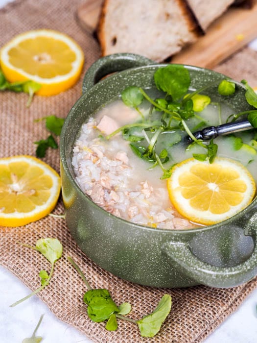 Lemon rice soup with canned salmon and fresh watercress