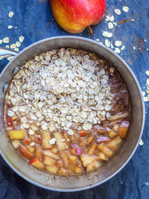 oats added to apple pie oatmeal in the pot