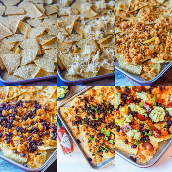 Vegan nachos collage showing step by step process