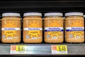 jars of MaraNatha Almond Butter on the store shelf
