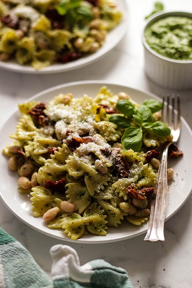 Vegan Pesto Pasta with Beans and Sun-Dried Tomatoes