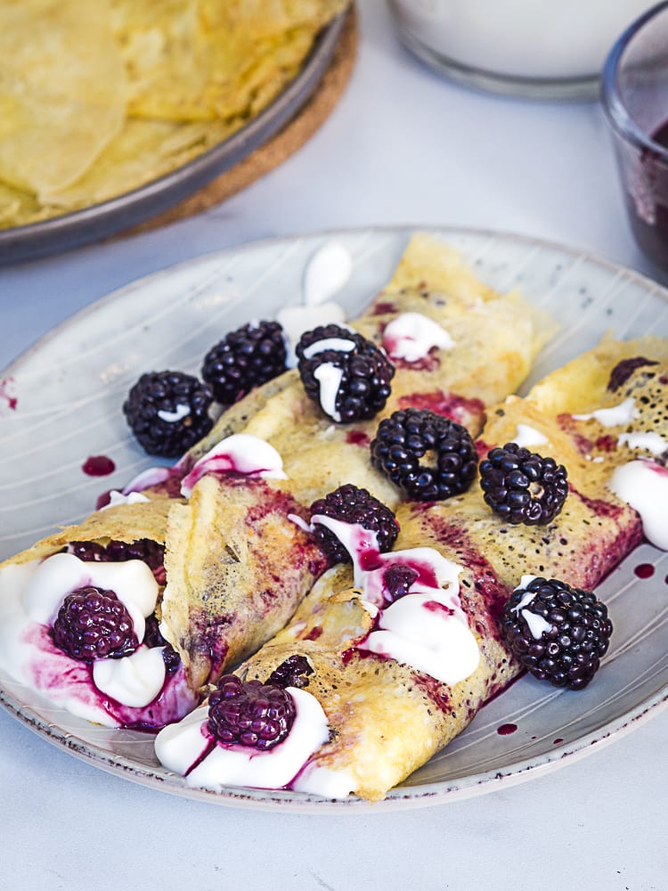 paleo crepes with blackberries and yogurt